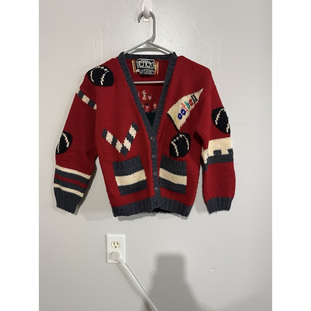 vtg Berek red wool football cheerleader‎ letterman hand knit cardigan sweater